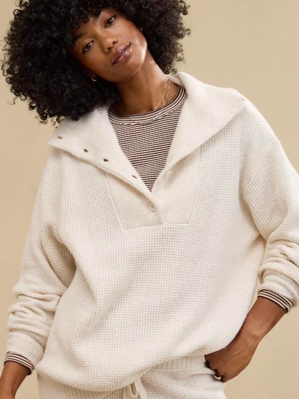 aerie Cream Waffle-Knit Funnel Pullover